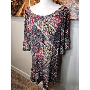 Inny Bohemian Style Patterned Women's Dress with Bell Sleeves